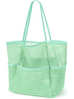 Women's Green Mesh Beach Tote Bag Large Foldable Swimming Bag with Pockets